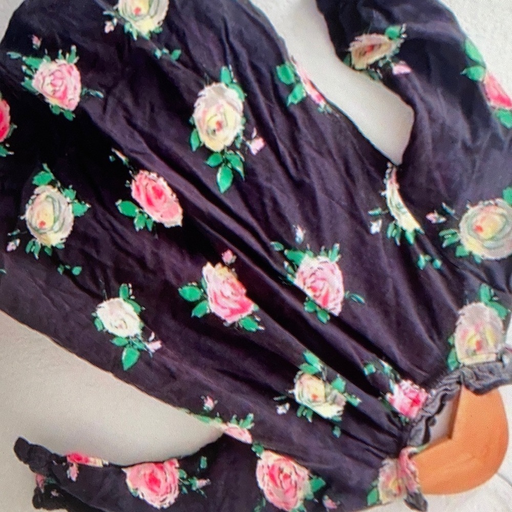 Charcoal rose print ruffle detail blouse